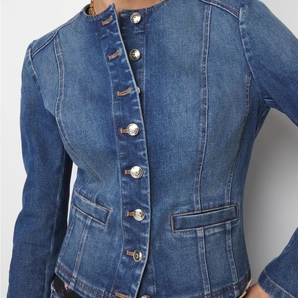 Cropped button up denim collarless jacket slim fit